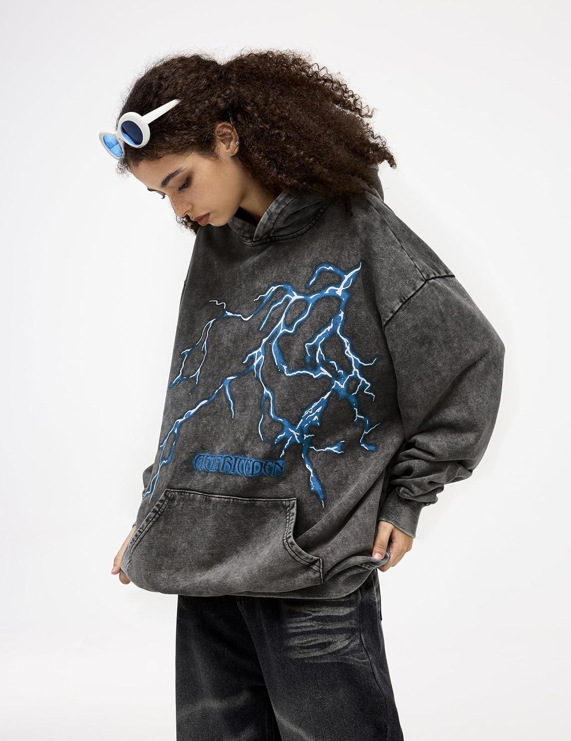 imageAelfric Eden Mens Lightning Graphic Hoodies Print Oversized Unisex Streetwear Vintage Hoodie Y2k Sweatshirt Pocket PulloverGrey