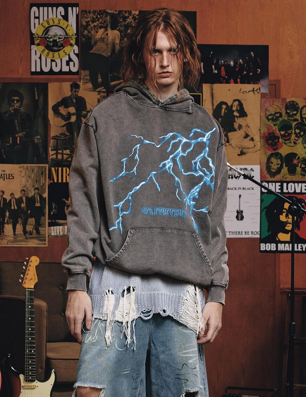 imageAelfric Eden Mens Lightning Graphic Hoodies Print Oversized Unisex Streetwear Vintage Hoodie Y2k Sweatshirt Pocket PulloverGrey