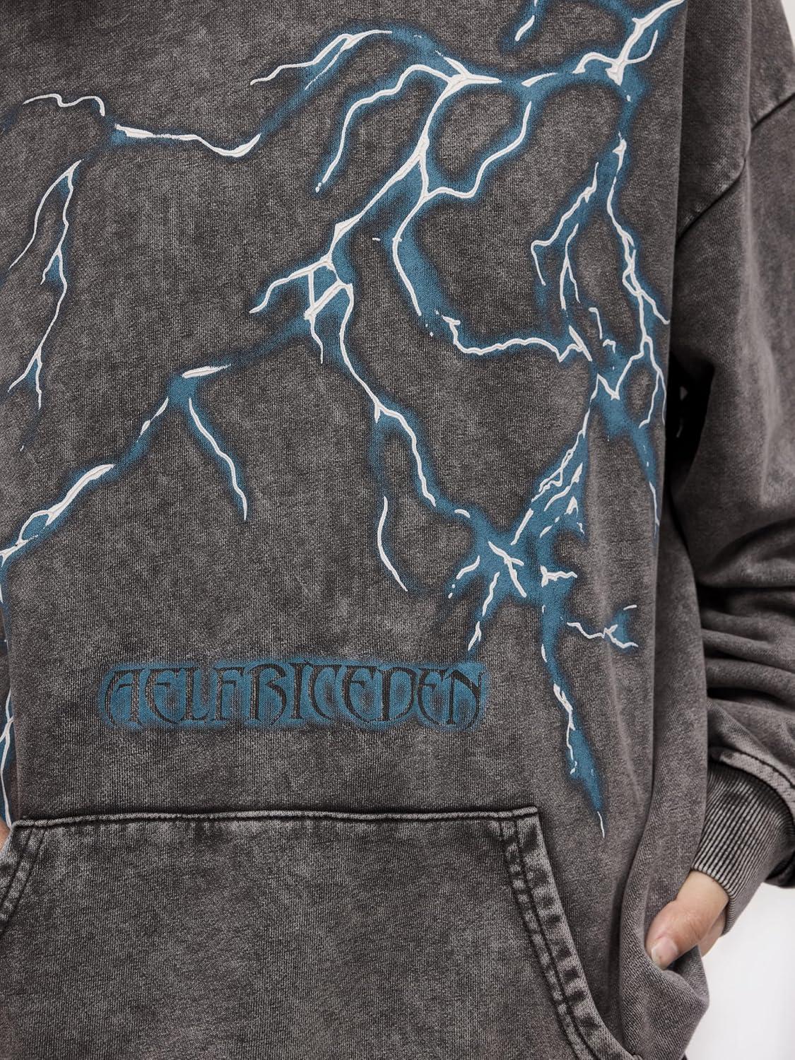 imageAelfric Eden Mens Lightning Graphic Hoodies Print Oversized Unisex Streetwear Vintage Hoodie Y2k Sweatshirt Pocket PulloverGrey