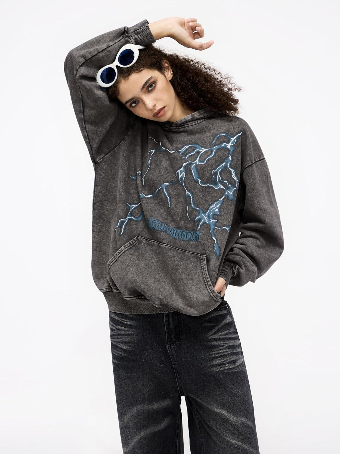 imageAelfric Eden Mens Lightning Graphic Hoodies Print Oversized Unisex Streetwear Vintage Hoodie Y2k Sweatshirt Pocket PulloverGrey