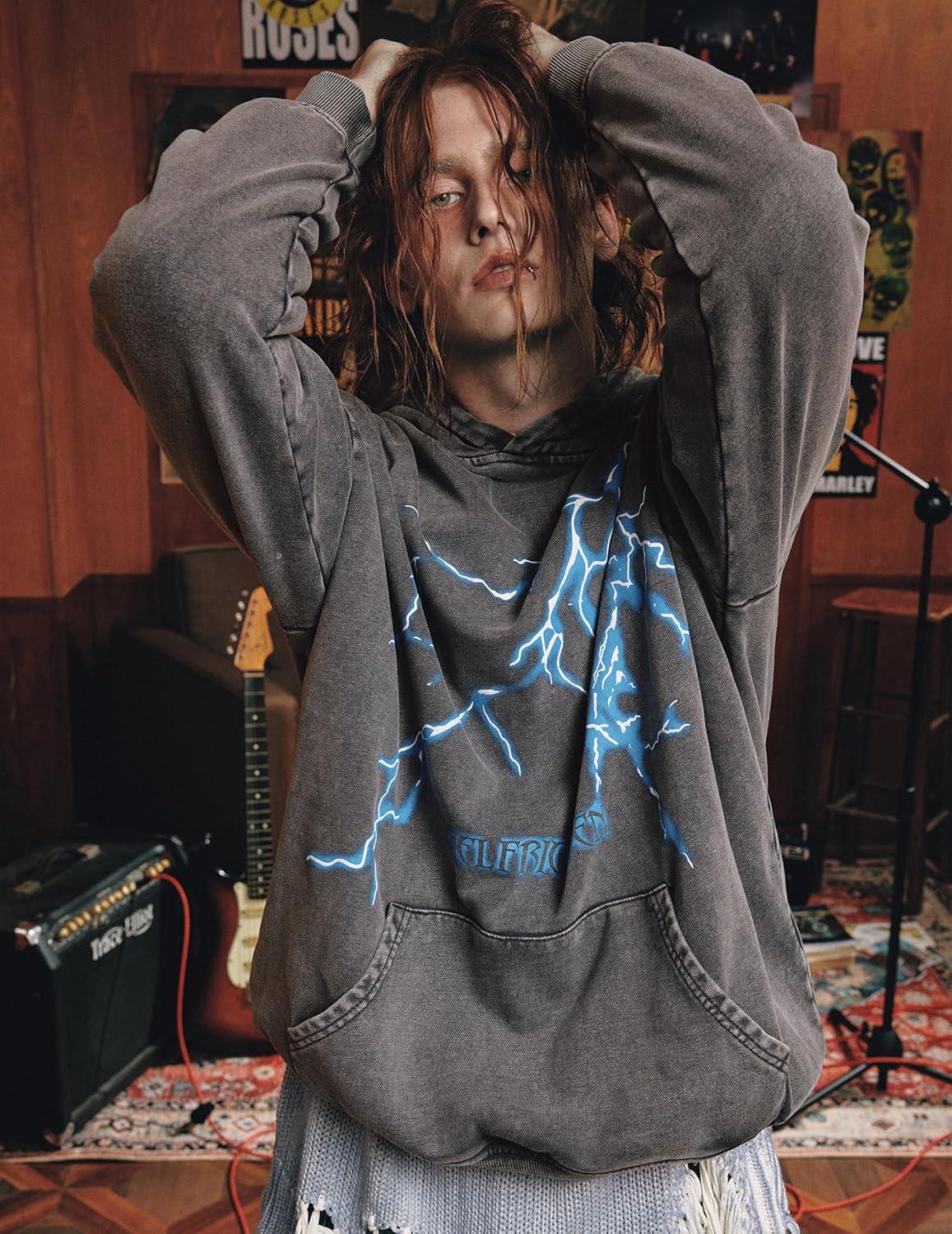imageAelfric Eden Mens Lightning Graphic Hoodies Print Oversized Unisex Streetwear Vintage Hoodie Y2k Sweatshirt Pocket PulloverGrey