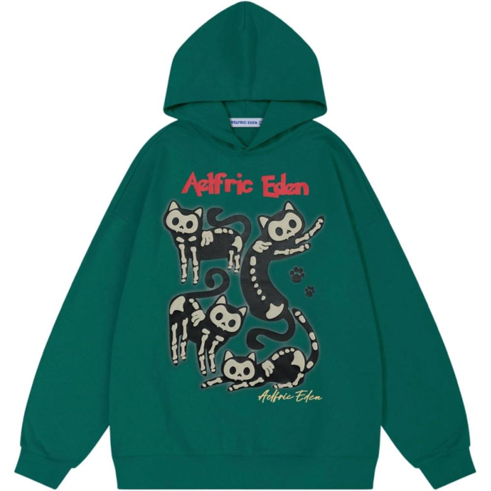 imageAelfric Eden Hoodies Skeleton Cat Hoodie Long Sleeve Cartoon Graphic Casual Hooded Sweatshirts 2025 Trendy TopsGreen