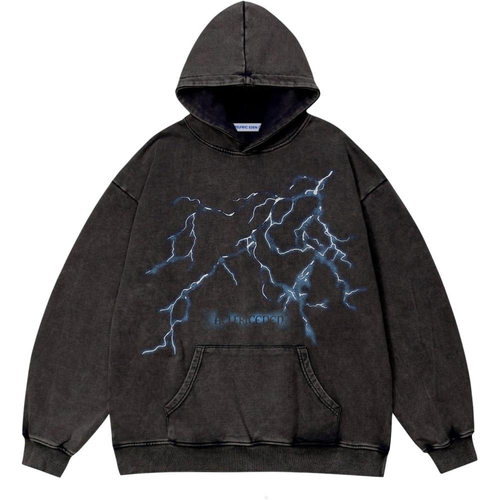 imageAelfric Eden Mens Lightning Graphic Hoodies Print Oversized Unisex Streetwear Vintage Hoodie Y2k Sweatshirt Pocket PulloverBlack