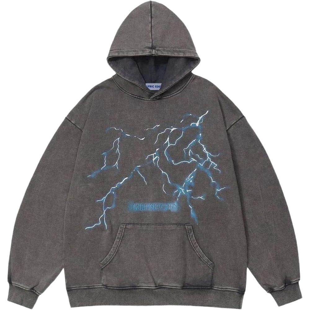 imageAelfric Eden Mens Lightning Graphic Hoodies Print Oversized Unisex Streetwear Vintage Hoodie Y2k Sweatshirt Pocket PulloverGrey