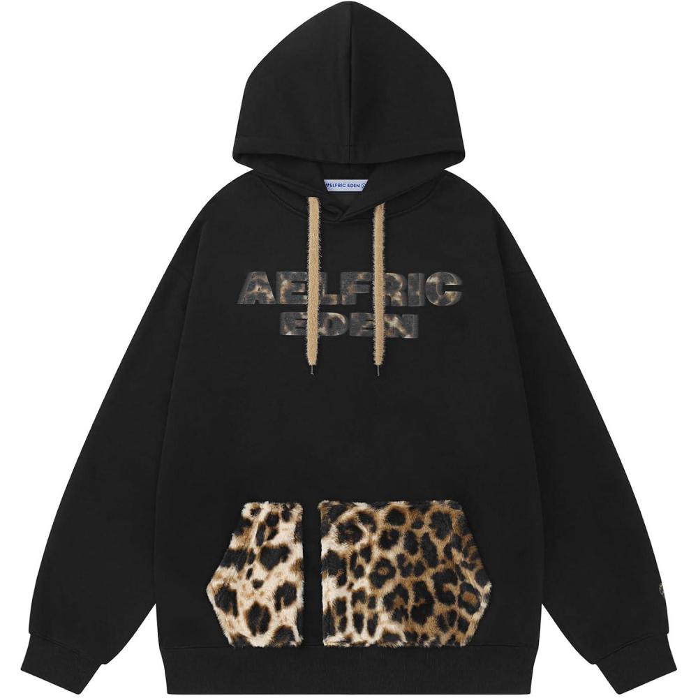 imageAelfric Eden Oversized Hoodies Womens Leopard Letter Print Hoodie Fall Y2k Hooded Sweatshirts with PocketBlack