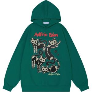 imageAelfric Eden Hoodies Skeleton Cat Hoodie Long Sleeve Cartoon Graphic Casual Hooded Sweatshirts 2025 Trendy TopsGreen
