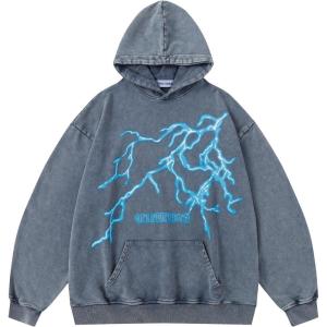 imageAelfric Eden Mens Lightning Graphic Hoodies Print Oversized Unisex Streetwear Vintage Hoodie Y2k Sweatshirt Pocket PulloverBlue Grey