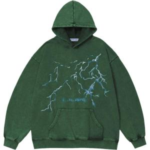 imageAelfric Eden Mens Lightning Graphic Hoodies Print Oversized Unisex Streetwear Vintage Hoodie Y2k Sweatshirt Pocket PulloverDark Green