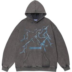 imageAelfric Eden Mens Lightning Graphic Hoodies Print Oversized Unisex Streetwear Vintage Hoodie Y2k Sweatshirt Pocket PulloverGrey