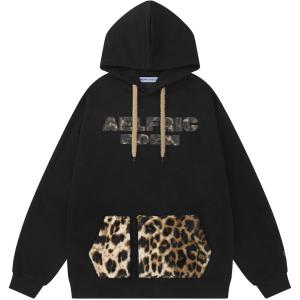 imageAelfric Eden Oversized Hoodies Womens Leopard Letter Print Hoodie Fall Y2k Hooded Sweatshirts with PocketBlack