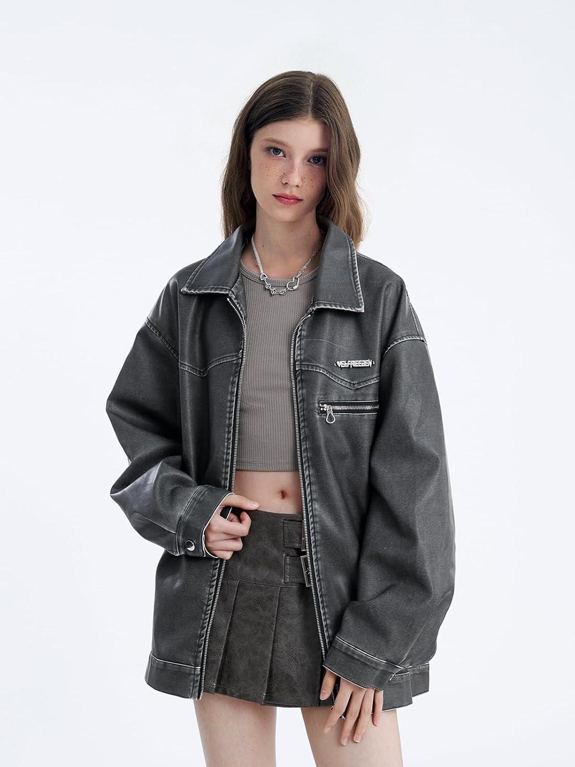imageAelfric Eden Leather Jacket Faux Vintage Oversized Motorcycle Jackets Zip Up Moto Jacket Fashion Trendy Outfits UnisexBlack