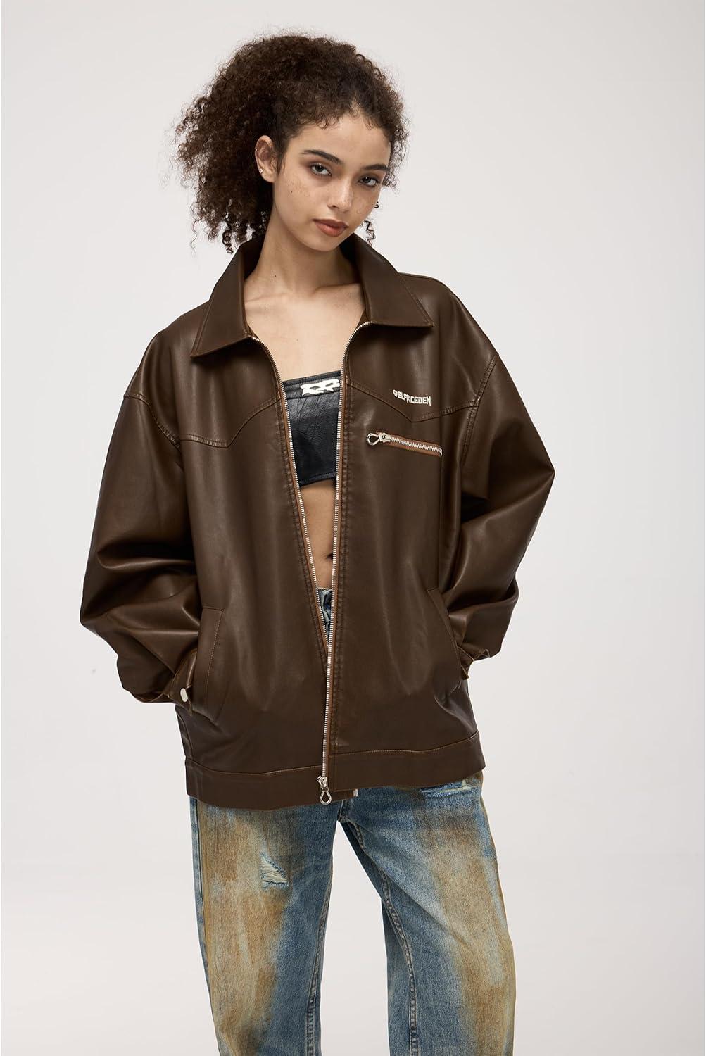 imageAelfric Eden Leather Jacket Faux Vintage Oversized Motorcycle Jackets Zip Up Moto Jacket Fashion Trendy Outfits UnisexCoffee