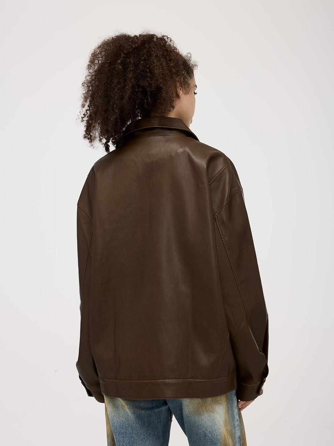 imageAelfric Eden Leather Jacket Faux Vintage Oversized Motorcycle Jackets Zip Up Moto Jacket Fashion Trendy Outfits UnisexCoffee