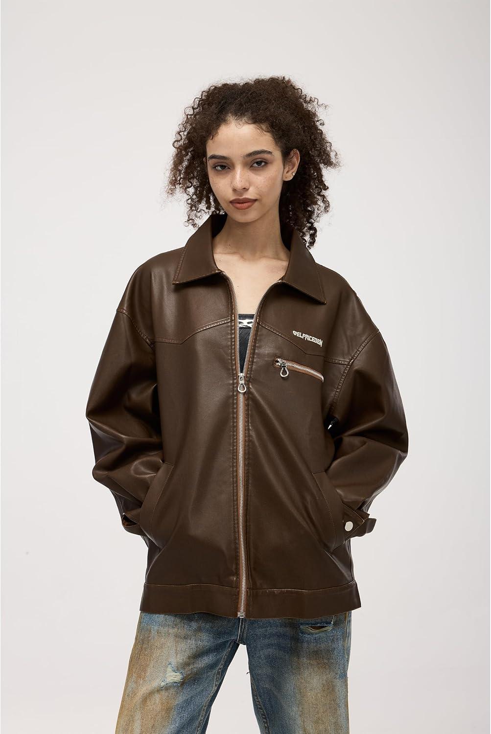 imageAelfric Eden Leather Jacket Faux Vintage Oversized Motorcycle Jackets Zip Up Moto Jacket Fashion Trendy Outfits UnisexCoffee