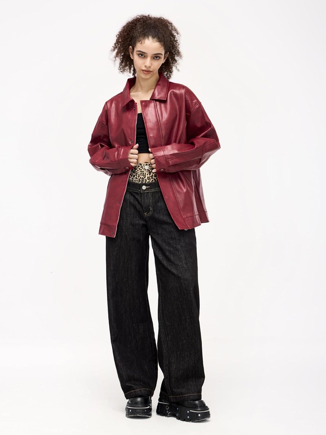 imageAelfric Eden Womens Faux Leather Jacket Oversized Vintage Motorcycle Jackets Moto Coats Unisex Trendy Streetwear JacketBurgundy