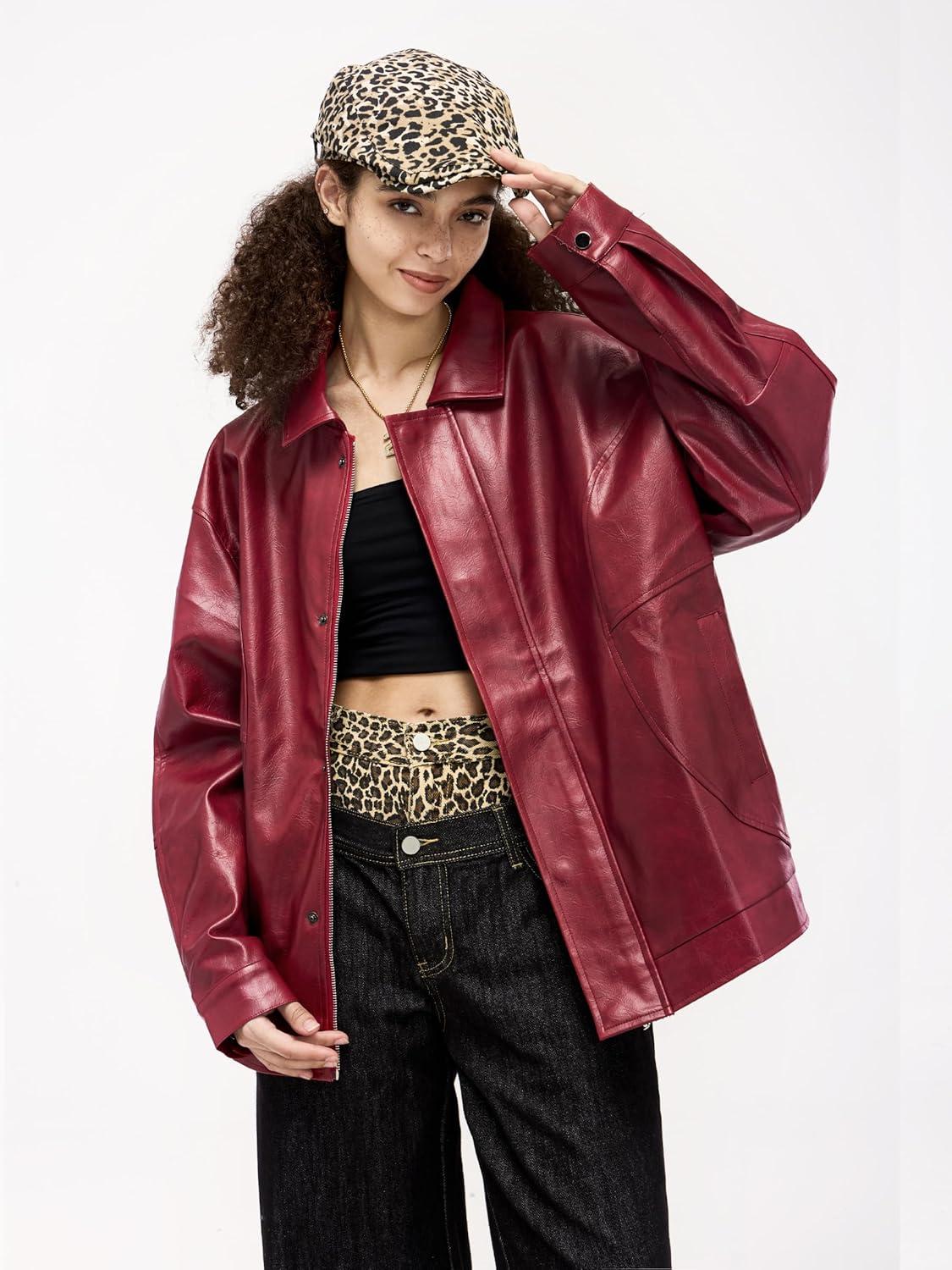 imageAelfric Eden Womens Faux Leather Jacket Oversized Vintage Motorcycle Jackets Moto Coats Unisex Trendy Streetwear JacketBurgundy