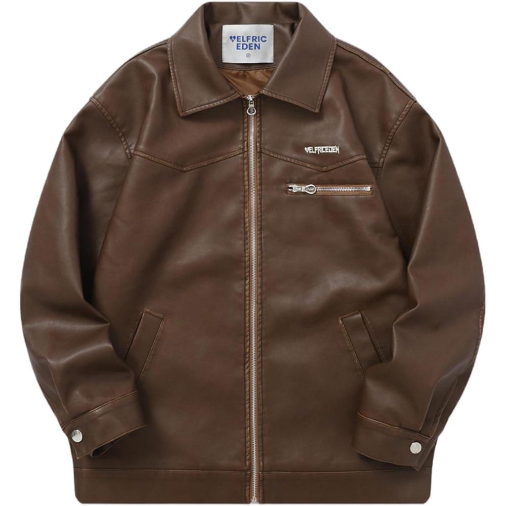 imageAelfric Eden Leather Jacket Faux Vintage Oversized Motorcycle Jackets Zip Up Moto Jacket Fashion Trendy Outfits UnisexCoffee