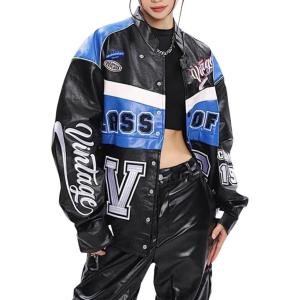 imageAelfric Eden Color Block Leather Bomber Jacket Vinatge Varsity Jacket Unisex Moto Racing Biker JacketsAblack