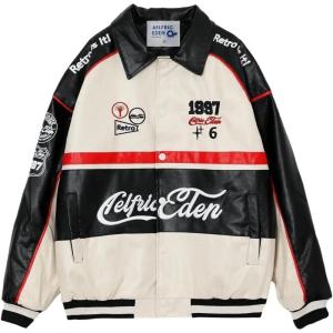 imageAelfric Eden Color Block Leather Bomber Jacket Vinatge Varsity Jacket Unisex Moto Racing Biker JacketsApricot