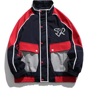 imageAelfric Eden Color Block Leather Bomber Jacket Vinatge Varsity Jacket Unisex Moto Racing Biker JacketsO1red