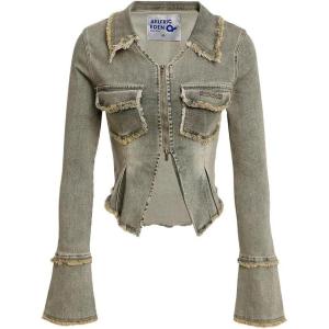 imageAelfric Eden Womens Denim Jacket Fringe TwoWay Zipper Fashion Vintage Washed Long Sleeve Jean Coat01blue