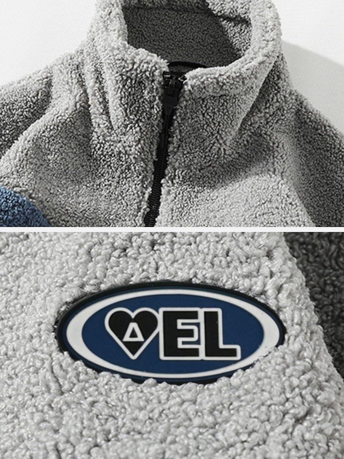 imageAelfric Eden Mens Vintage Patchwork Fleece Coats Splicing Contrast Sherpa Coat Unisex Casual Oversized Jackets1539grey