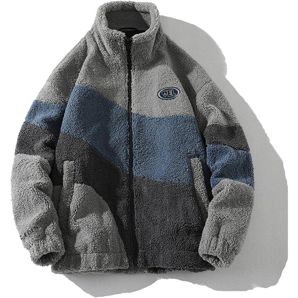 imageAelfric Eden Mens Vintage Patchwork Fleece Coats Splicing Contrast Sherpa Coat Unisex Casual Oversized Jackets1539grey