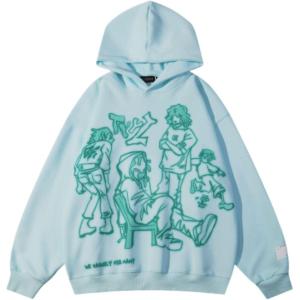 imageAelfric Eden Mens Graphic Oversized Hoodie Cartoon Character Print Streetwear Casual hoodies y2k Hooded SweatshirtBlue