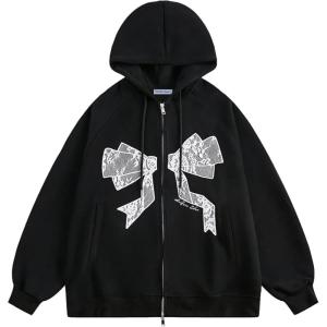 imageAelfric Eden Womens Zip Up Hoodies Embroidery Lace Bow Long Sleeve Sweatshirts Y2K Oversized Fall Outfits with PocketBlack