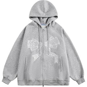 imageAelfric Eden Womens Zip Up Hoodies Embroidery Lace Bow Long Sleeve Sweatshirts Y2K Oversized Fall Outfits with PocketGrey