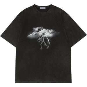 imageAelfric Eden Mens Graphic Tees Y2k Lightning Print Washed Oversized T Shirts Vintage Streetwear Shirt Casual TopsBlack
