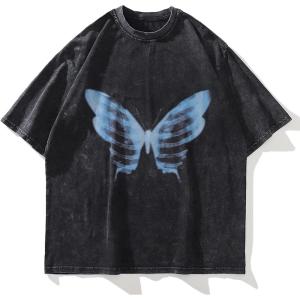 imageAelfric Eden Mens Oversized T Shirts Tees Butterfly Print Crew Neck Cotton Tops Streetwear Casual ShirtBlack