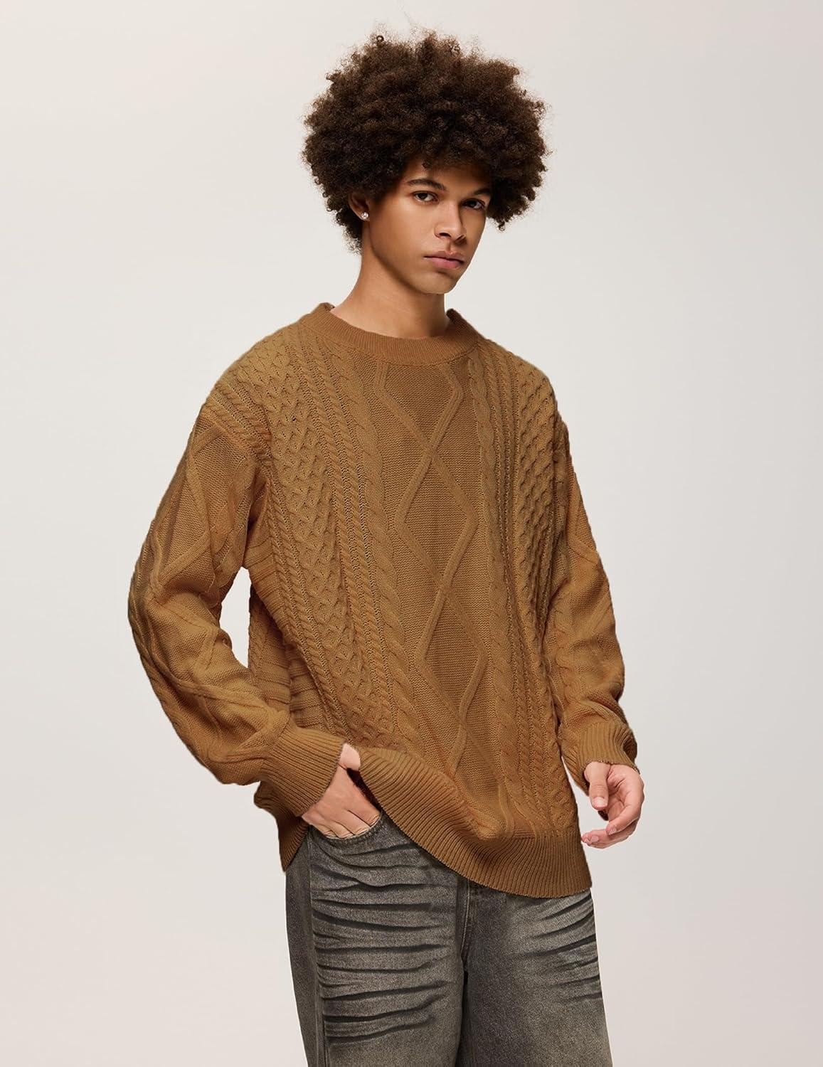 imageAelfric Eden Cable Knit Sweater Men Oversized Rory Gilmore Crewneck Knitted Sweater Pullover 2024 Vintage Fall Sweaters TopsBrown
