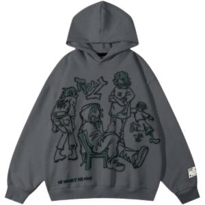 imageAelfric Eden Mens Graphic Oversized Hoodie Cartoon Character Print Streetwear Casual hoodies y2k Hooded SweatshirtGrey
