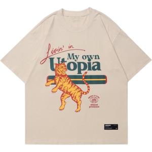 imageAelfric Eden Mens Oversized T Shirts Tees Tiger Graphic Tee Print Cotton Tops Streetwear Casual ShirtApricot