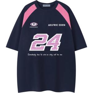 imageAelfric Eden Oversized TShirt Color Blocking Number 24 Print Tee Shirts Cotton Soft Casual Summer Jersey StreetwearNavy Blue