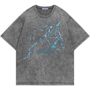 imageAelfric Eden Washed Lightning Graphic Tees Y2k Oversized TShirts Vintage Unisex Streetwear Cotton Shirt Casual Summer TopsGrey