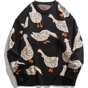imageAelfric Eden Goose Printed Sweater Crewneck Pullover Sweater Long Sleeve Casual Oversized TopsBlack