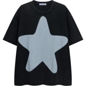 imageAelfric Eden Oversized Star Graphic Tees Men Vintage Washed Heavyweight Cotton Trendy Streetwear T Shirts UnisexBlack
