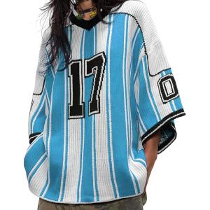 imageAelfric Eden Oversized T Shirts Number Stripe Graphic Unisex Knit Tee Color Blocking Y2k Football Jersey 2025 Trend TopsBlue