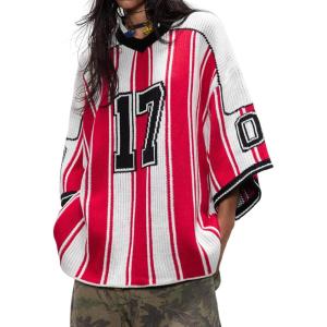 imageAelfric Eden Oversized T Shirts Number Stripe Graphic Unisex Knit Tee Color Blocking Y2k Football Jersey 2025 Trend TopsRed