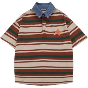 imageAelfric Eden Stripe Star Polo Tee Oversized Button Collar T Shirt Short Sleeve Y2k TopsBrown