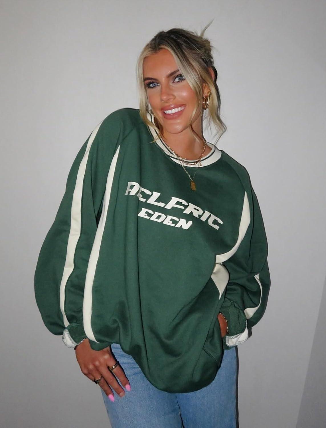 imageAelfric Eden Oversized Crewneck Sweatshirts for Men Red Vintage Graphic Pullover Loose Fit Streetwear Long Sleeve TopApatchwork  Green