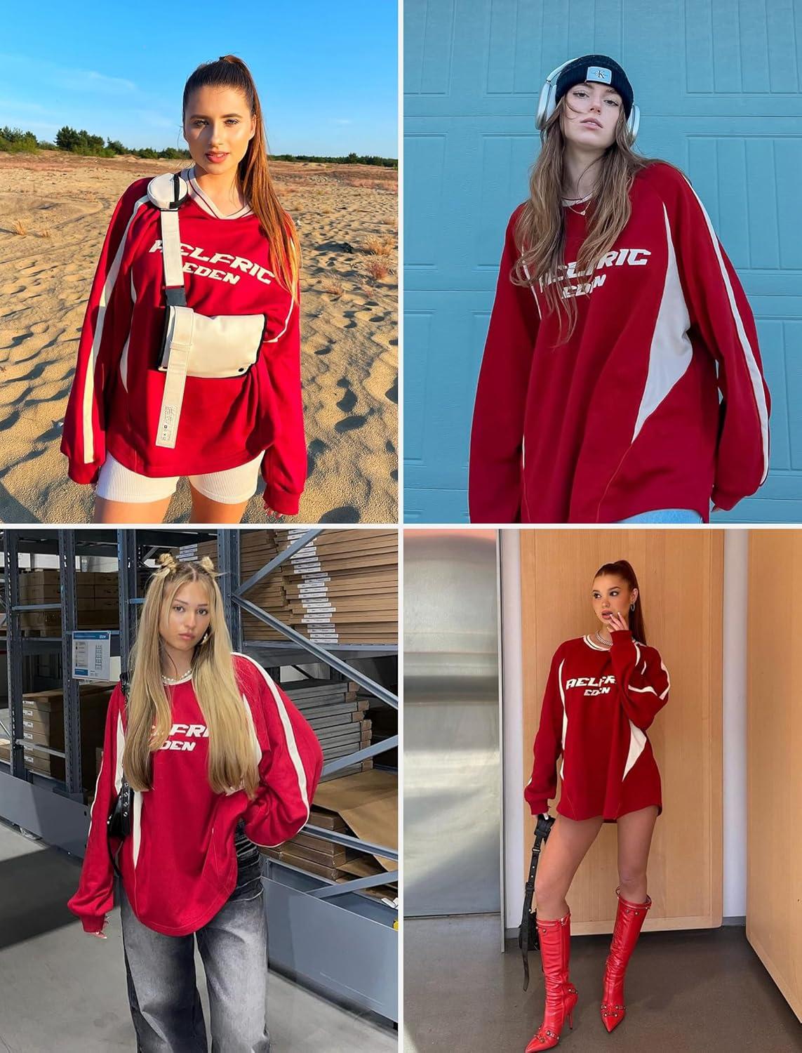 imageAelfric Eden Oversized Crewneck Sweatshirts for Men Red Vintage Graphic Pullover Loose Fit Streetwear Long Sleeve TopAred