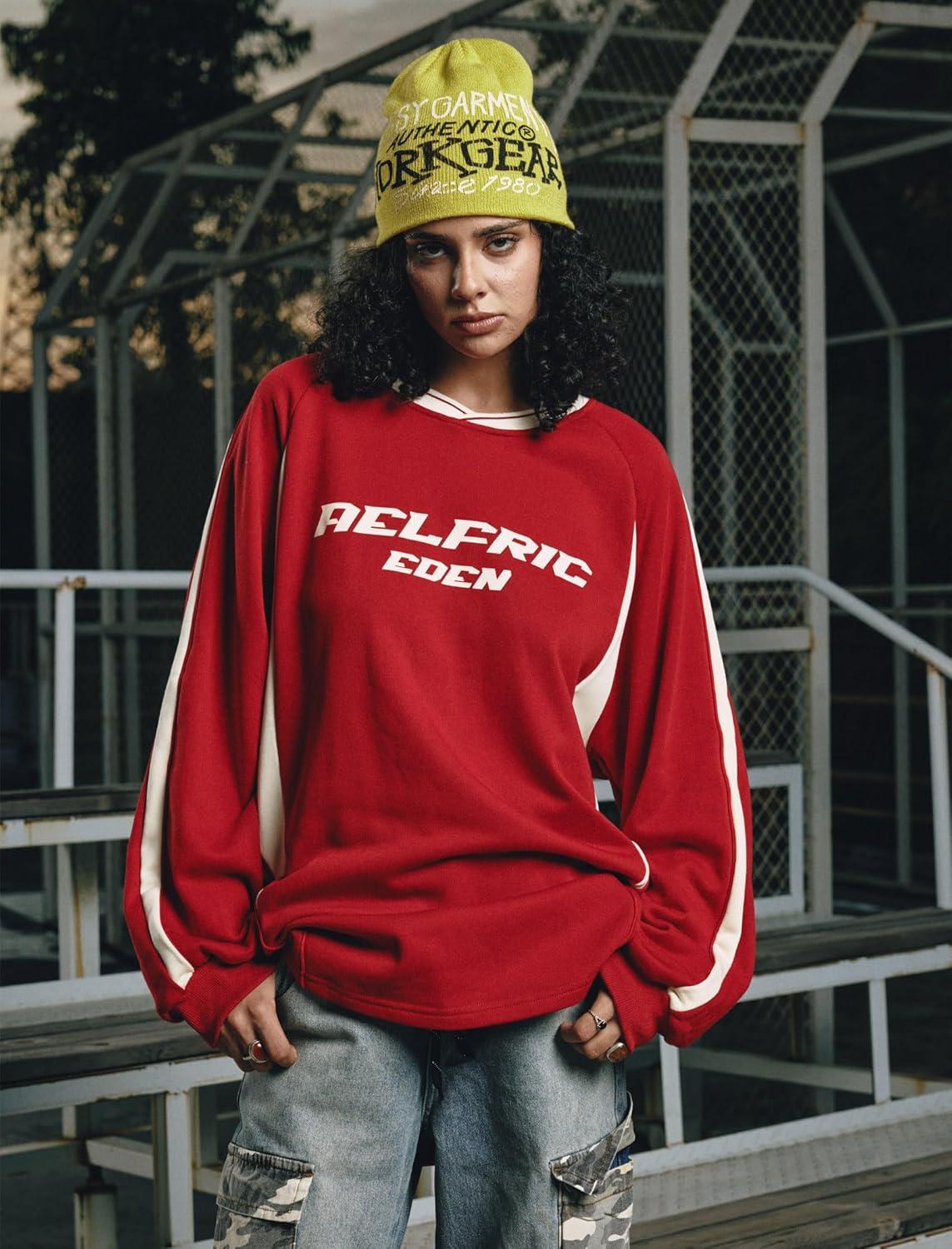 imageAelfric Eden Oversized Crewneck Sweatshirts for Men Red Vintage Graphic Pullover Loose Fit Streetwear Long Sleeve TopAred