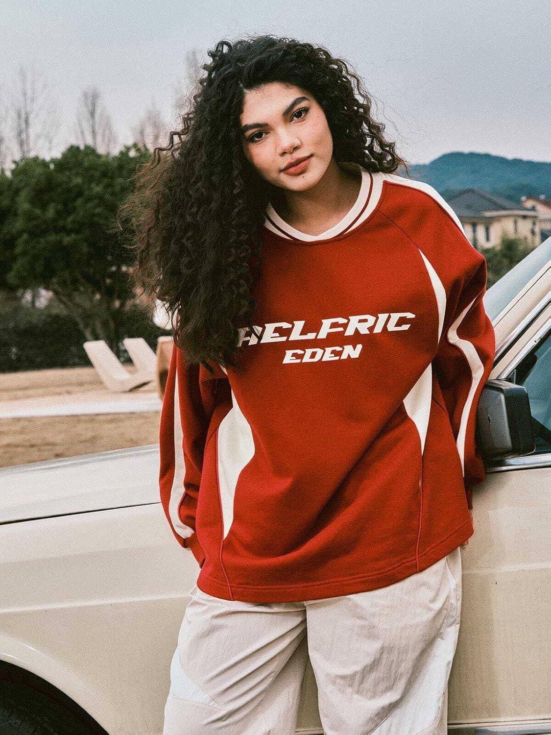 imageAelfric Eden Oversized Crewneck Sweatshirts for Men Red Vintage Graphic Pullover Loose Fit Streetwear Long Sleeve TopAred