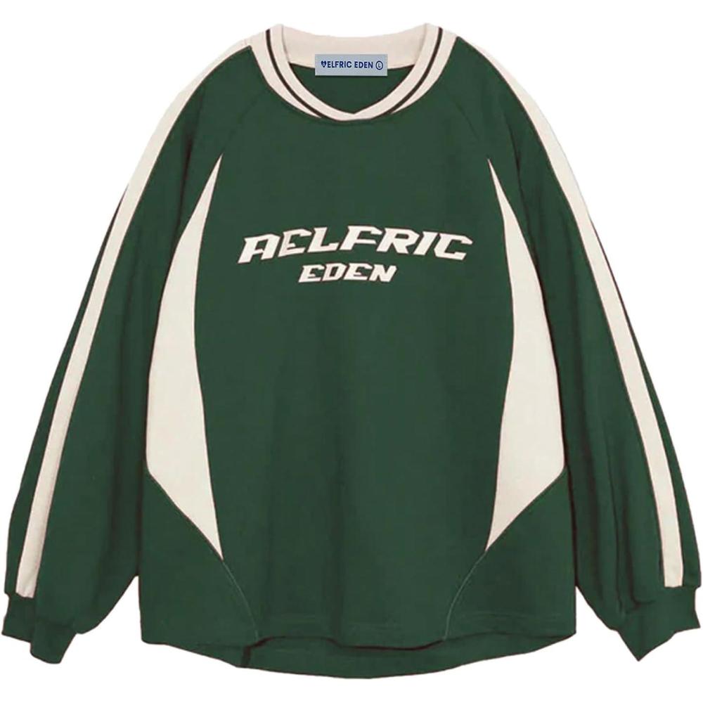 imageAelfric Eden Oversized Crewneck Sweatshirts for Men Red Vintage Graphic Pullover Loose Fit Streetwear Long Sleeve TopApatchwork  Green