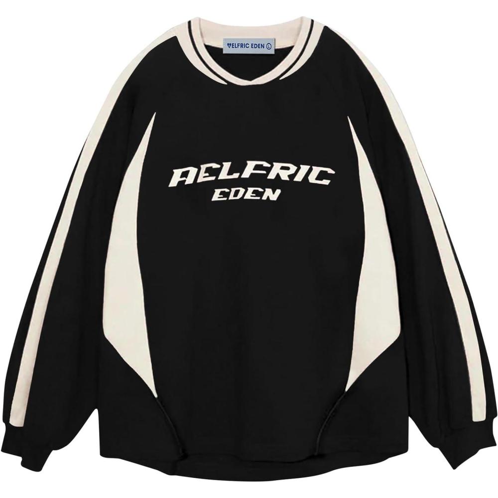 imageAelfric Eden Oversized Crewneck Sweatshirts for Men Red Vintage Graphic Pullover Loose Fit Streetwear Long Sleeve TopBlack
