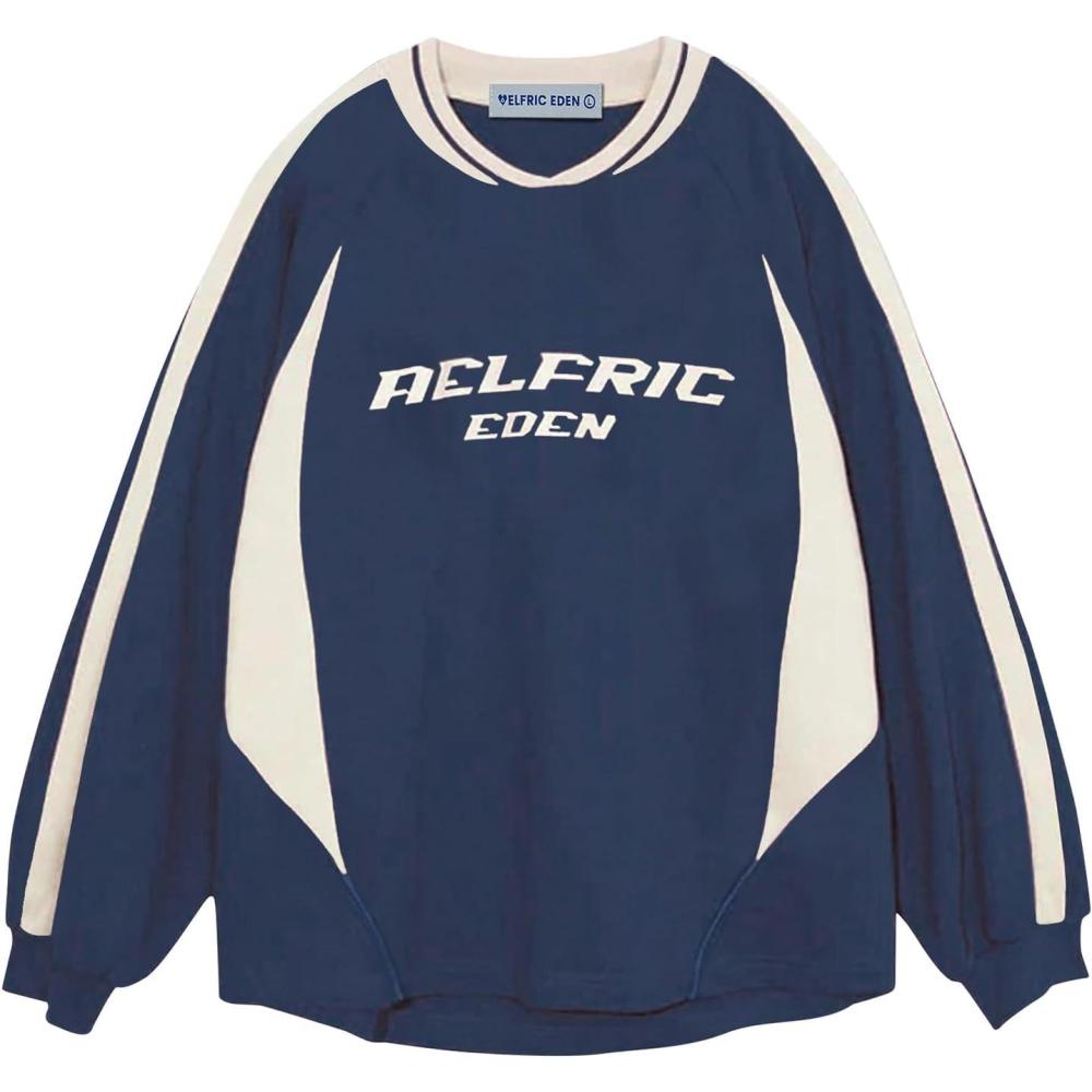 imageAelfric Eden Oversized Crewneck Sweatshirts for Men Red Vintage Graphic Pullover Loose Fit Streetwear Long Sleeve TopBlue