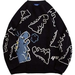 imageAelfric Eden Dinosaur Cartoon Pattern Knit Sweater Oversized Graphic Sweaters Long Sleeve Casual Unisex PulloverBlack